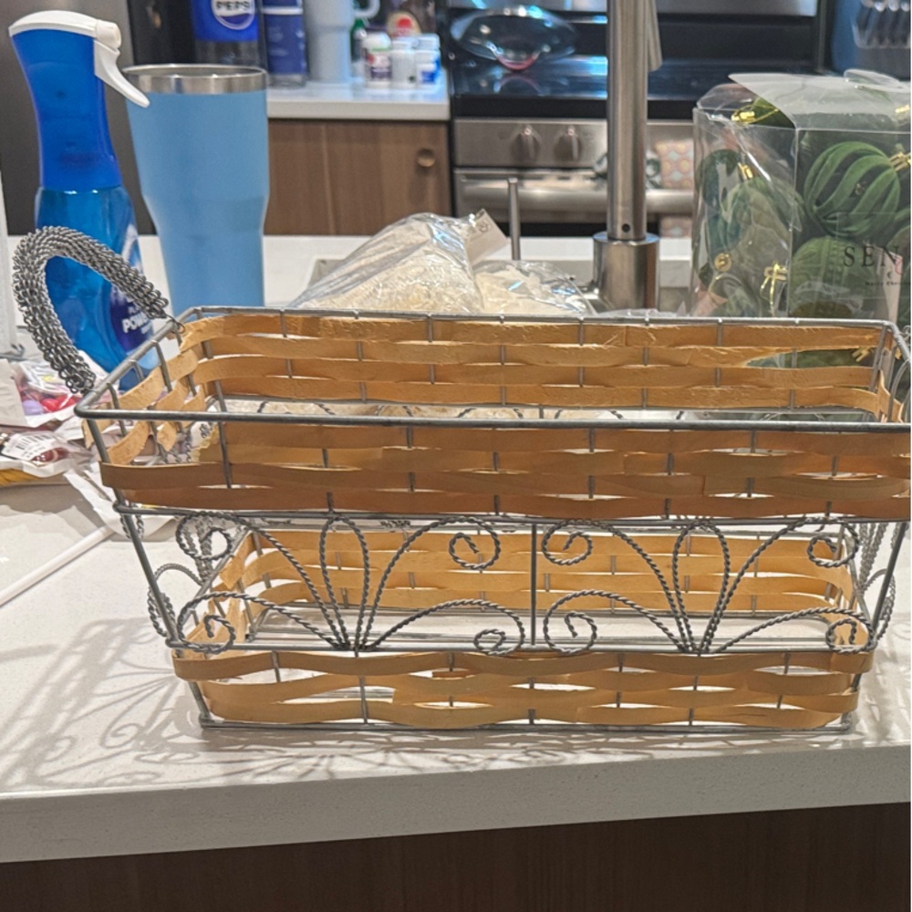 Wood & Metal Two-Tier Basket Tray - Natural Wood, Silver Metal